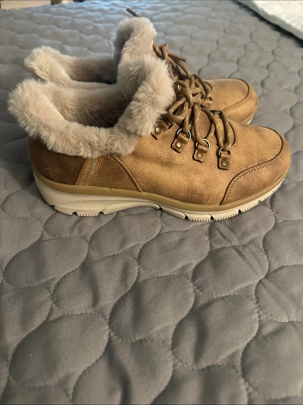 Skechers Tan Faux-Fur Lined Suede Lace-Up Shoes